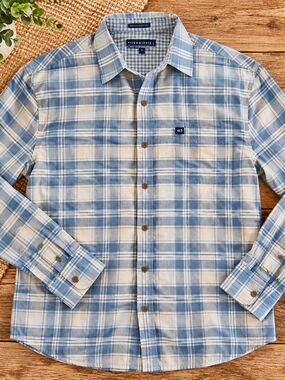 Fish Hippie MENS  FLANNEL Men’s Blue & White Plaid Button-Down Shirt SZ Large